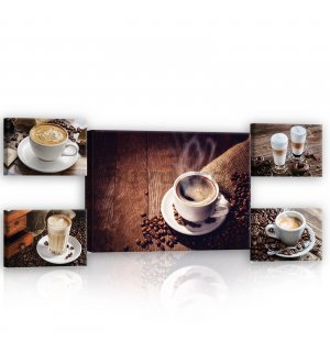 Tablou canvas: Coffee break - set 1 buc 70x50 cm și 4 buc 32,4x22,8 cm