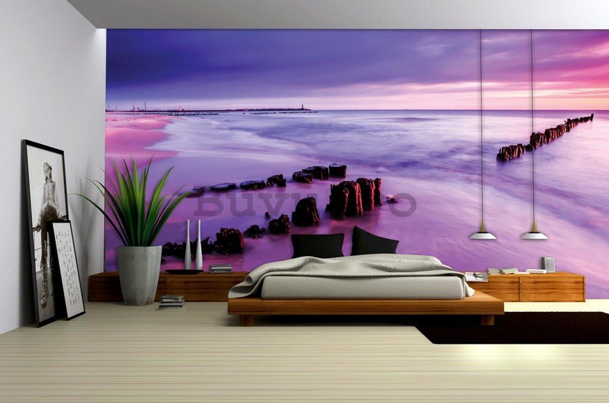 Fototapet: Apus de soare violet pe plajă - 184x254 cm