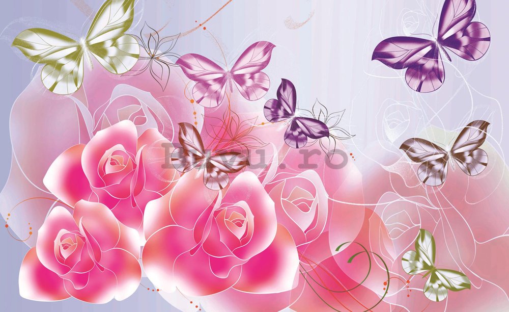 Fototapet: Trandafiri și fluturi roz - 184x254 cm