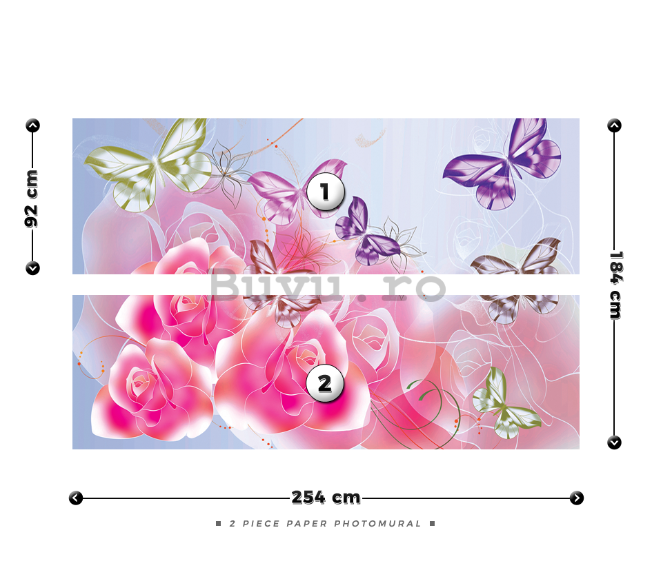 Fototapet: Trandafiri și fluturi roz - 184x254 cm