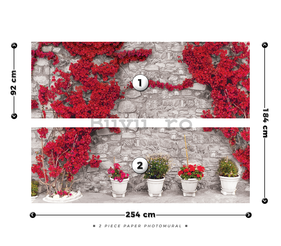 Fototapet: Zid roșu cu flori - 184x254 cm