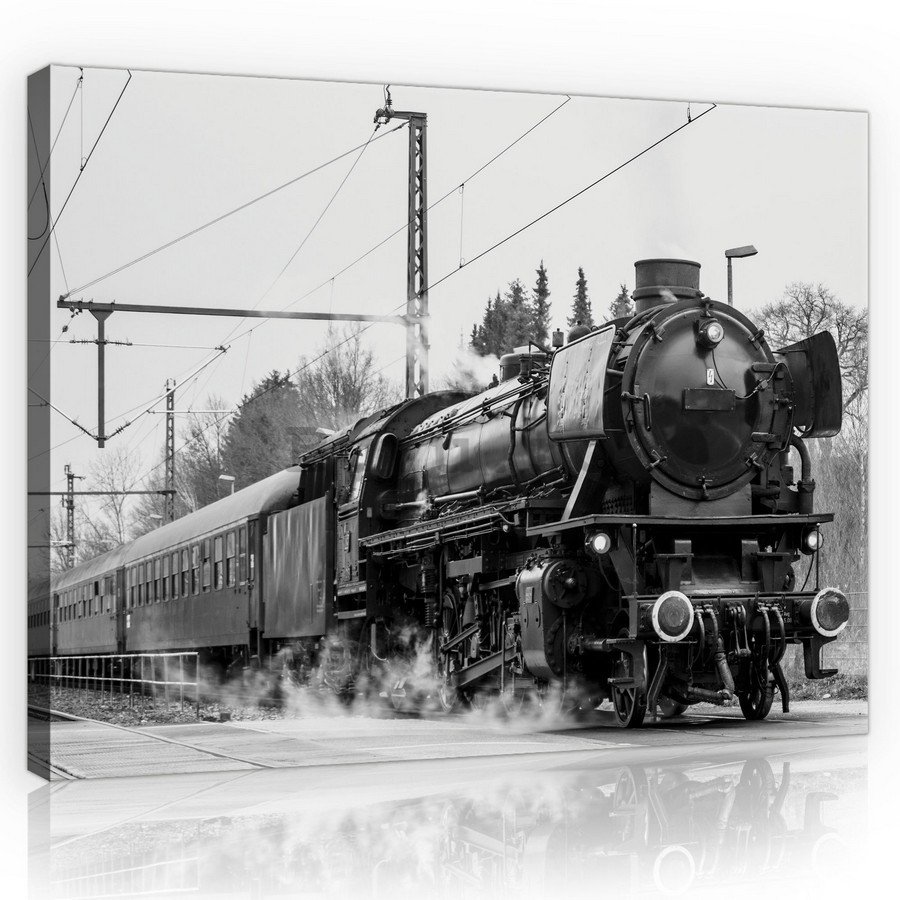 Tablou canvas: Locomotivă cu abur (alb-negru) - 75x100 cm