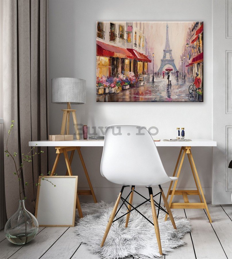 Tablou canvas: Străduță spre Turnul lui Eiffel (pictat) - 75x100 cm