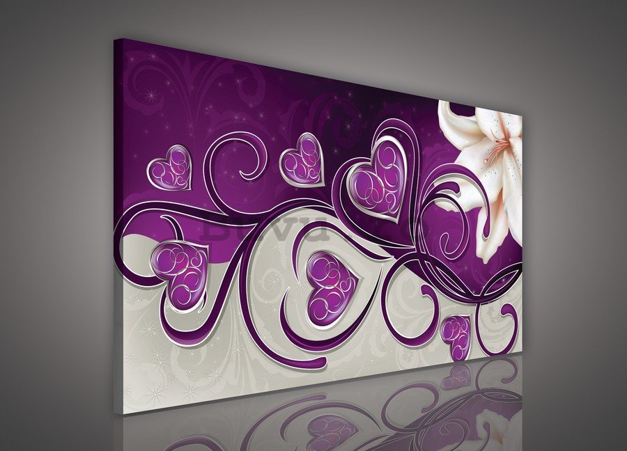 Tablou canvas: Inimi și crini (Purple) - 75x100 cm