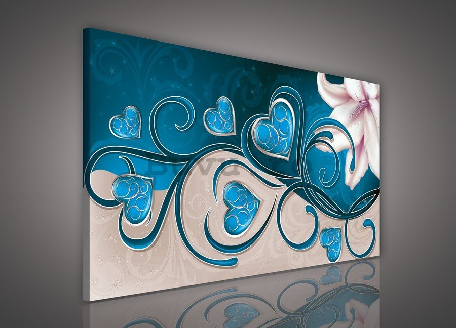 Tablou canvas: Inimi și crini (turcoaz) - 75x100 cm