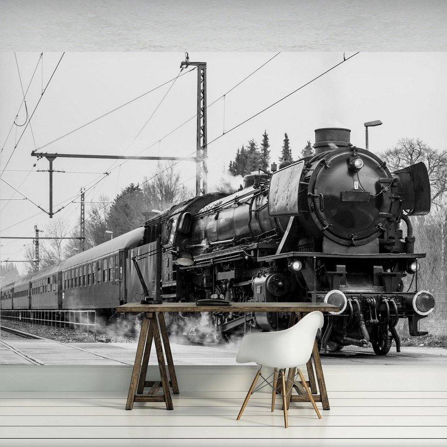 Fototapet: Locomotivă cu abur (alb-negru) - 254x368 cm
