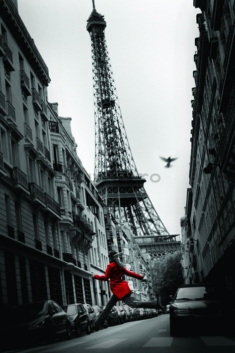 Poster - Paris, Turnul Eiffel și fata în roșu