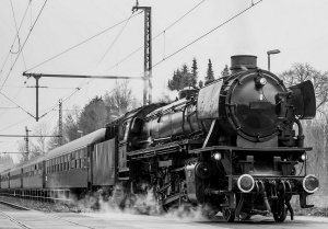 Fototapet vlies: Locomotivă cu abur (alb-negru) - 184x254 cm