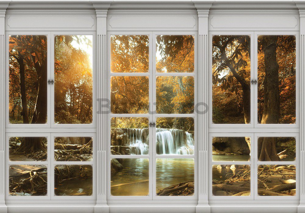 Fototapet vlies: Cascadă de toamnă (vedere de la fereastră) - 184x254 cm