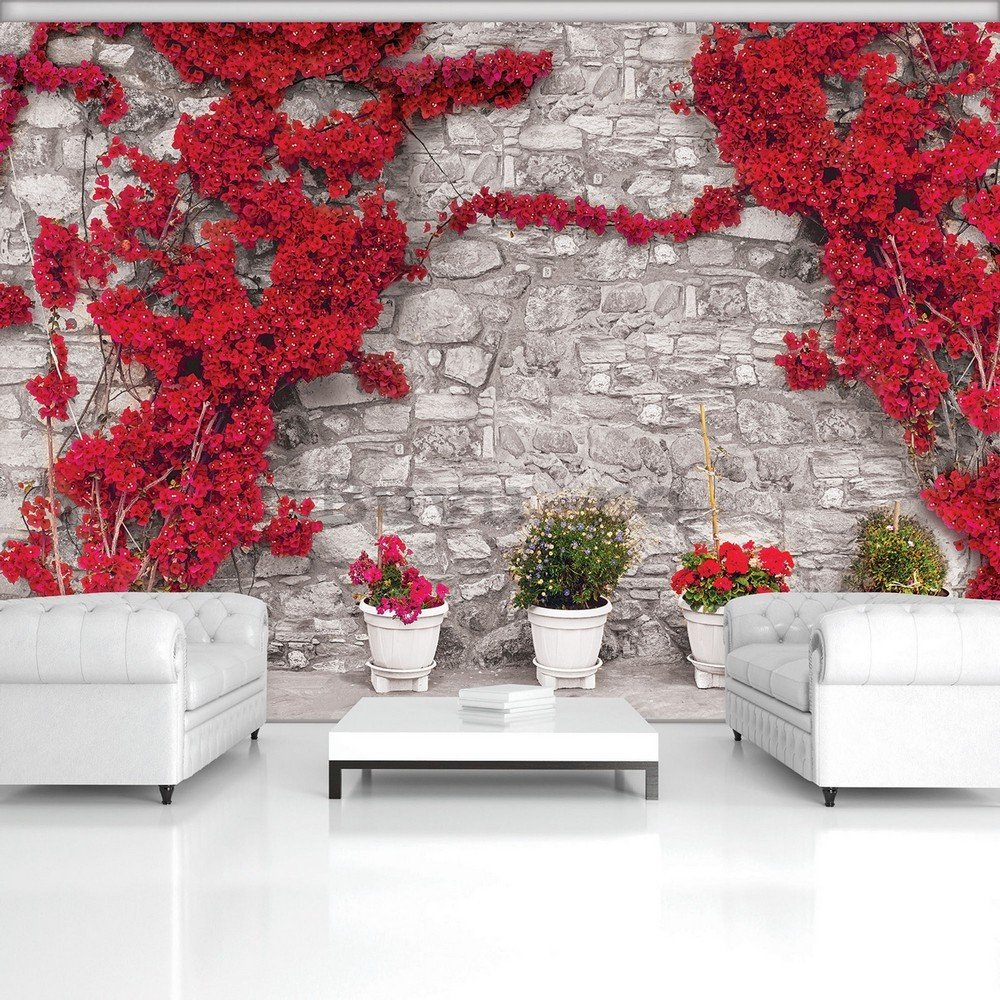 Fototapet vlies: Zid roșu cu flori - 184x254 cm