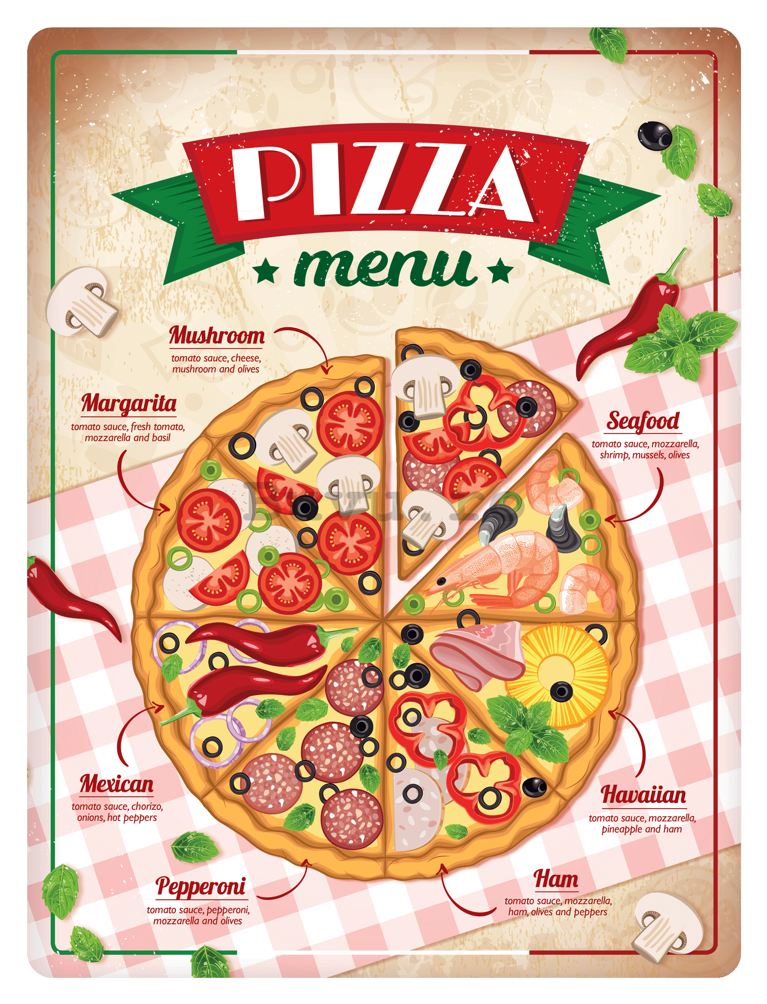Placă metalică: Pizza menu - 30x40 cm