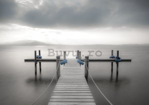 Fototapet vlies: Podă din lemn spre mare (alb-negru) - 184x254 cm
