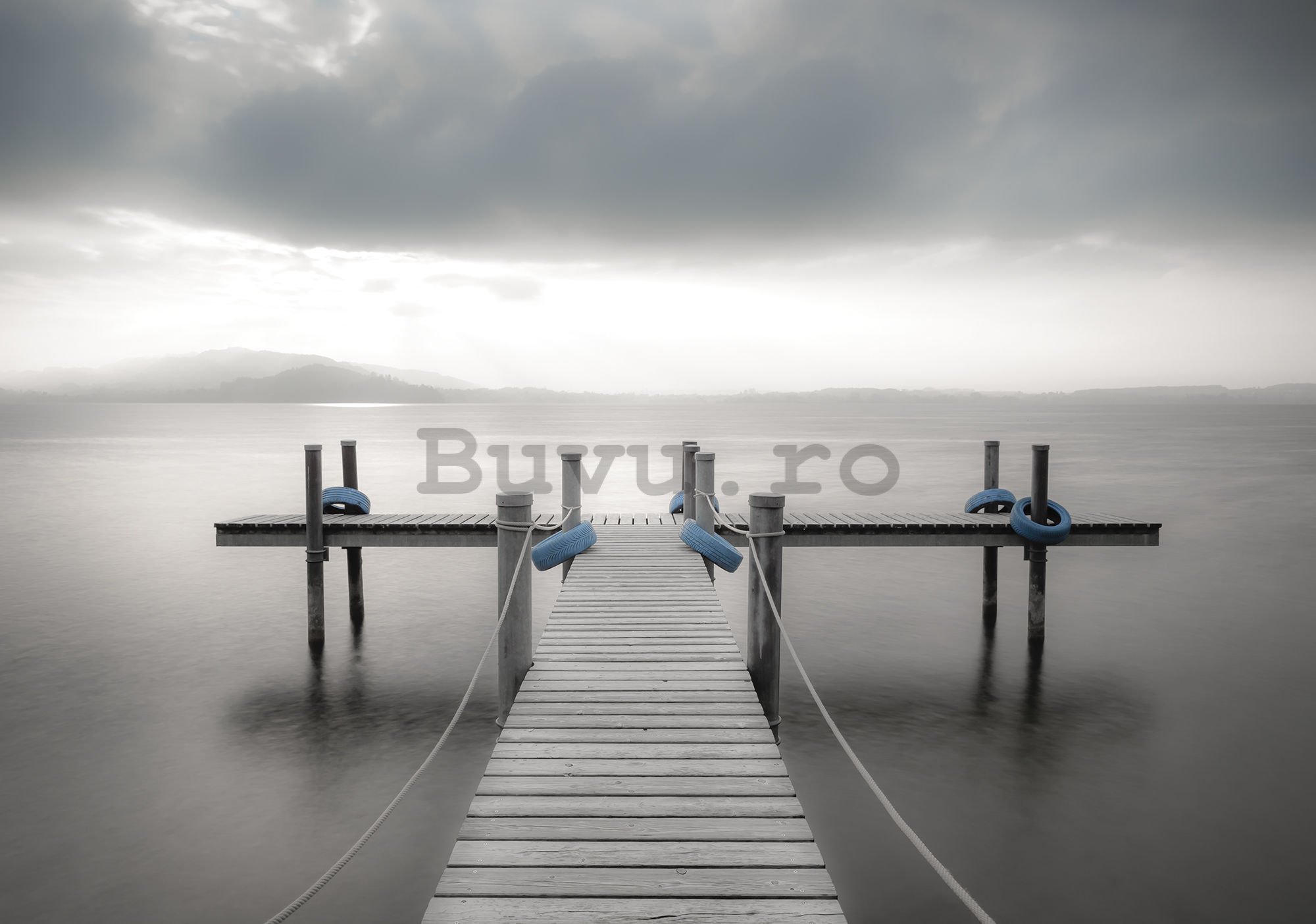 Fototapet vlies: Podă din lemn spre mare (alb-negru) - 254x368 cm