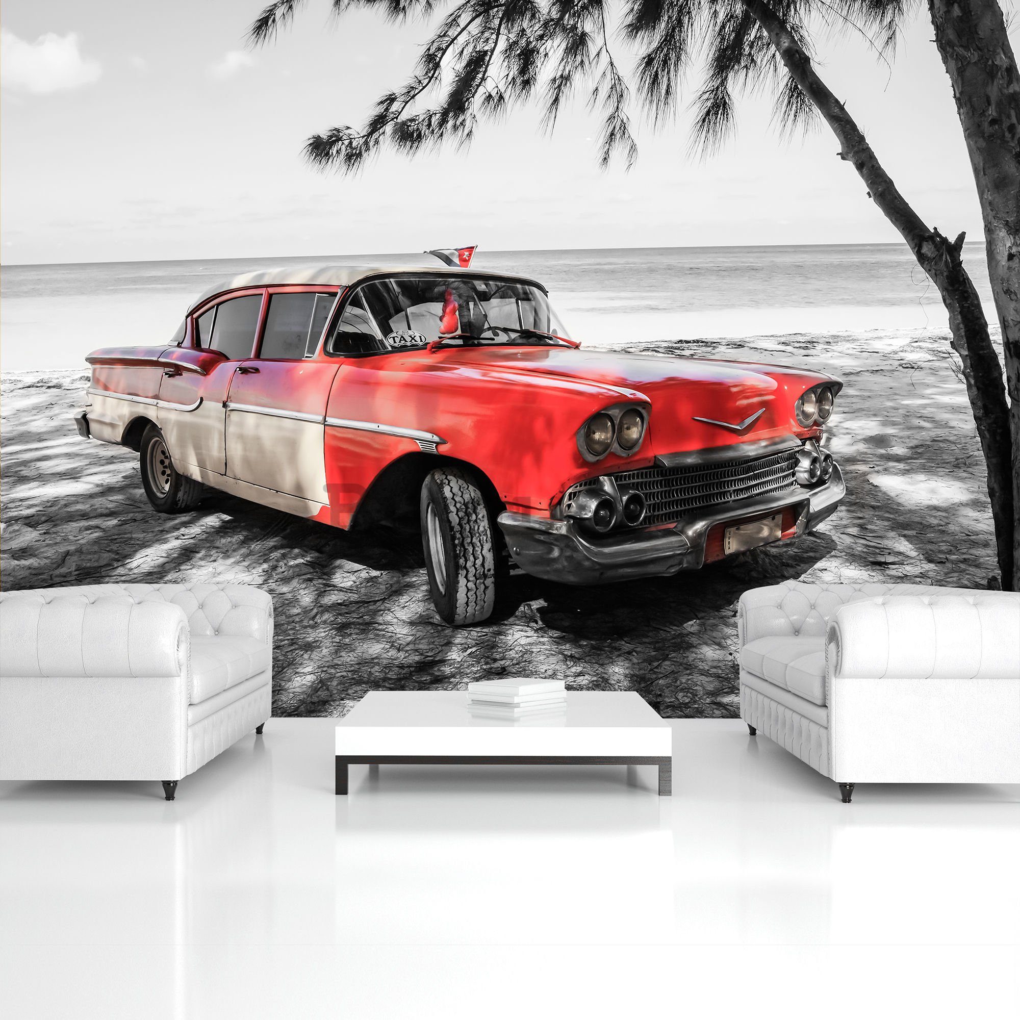 Fototapet: Cuba roșie mașină lângă mare - 184x254 cm