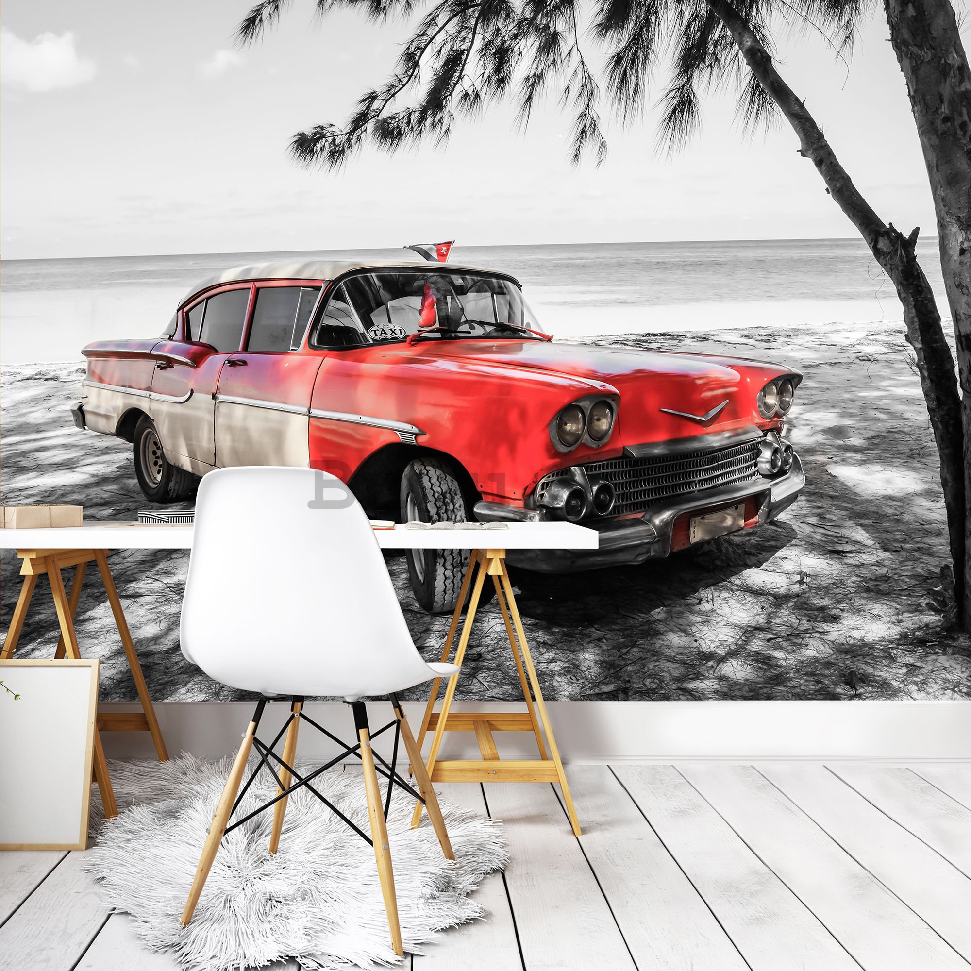 Fototapet: Cuba roșie mașină lângă mare - 254x368 cm