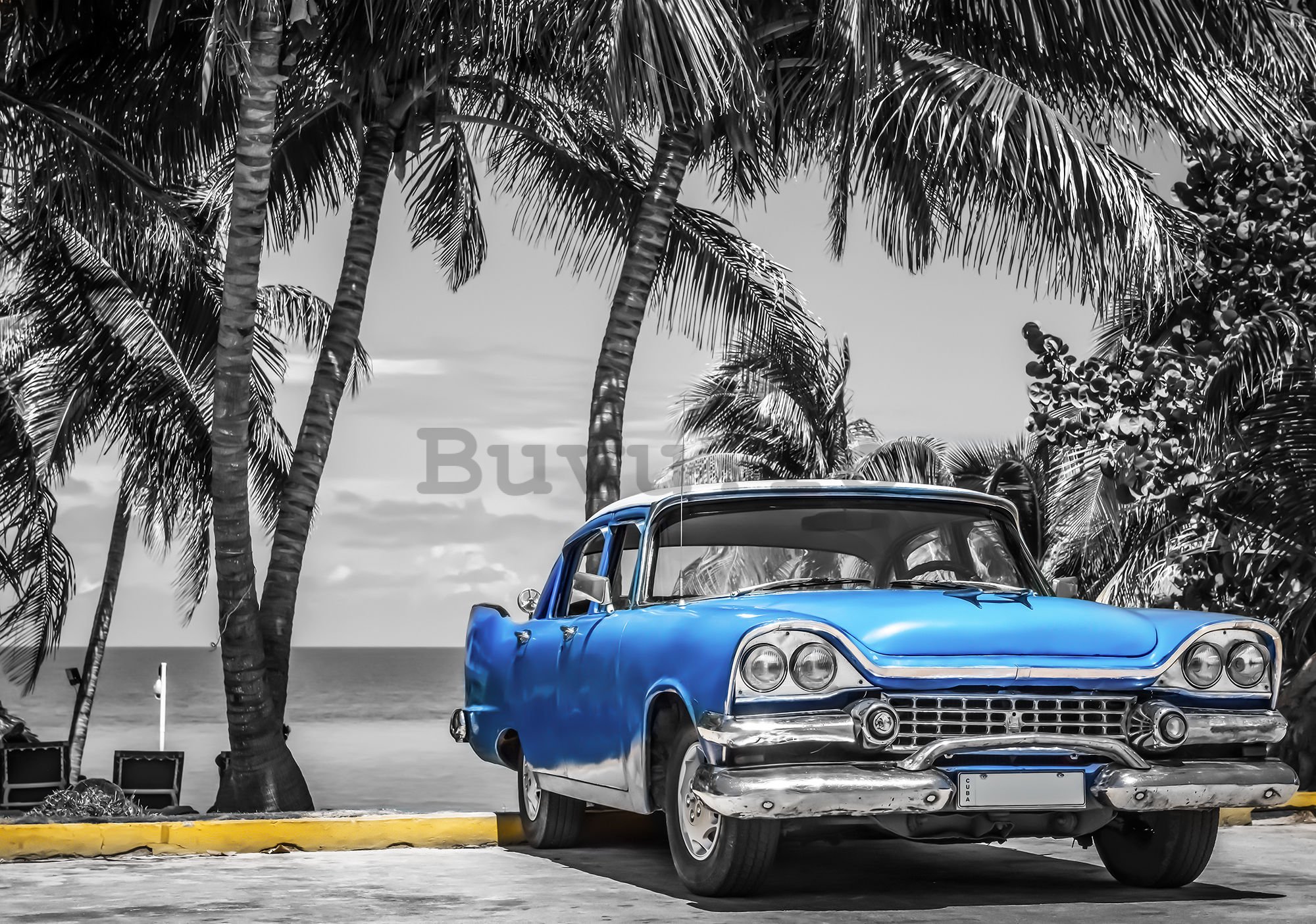 Fototapet: Cuba albastru mașină lângă mare - 184x254 cm