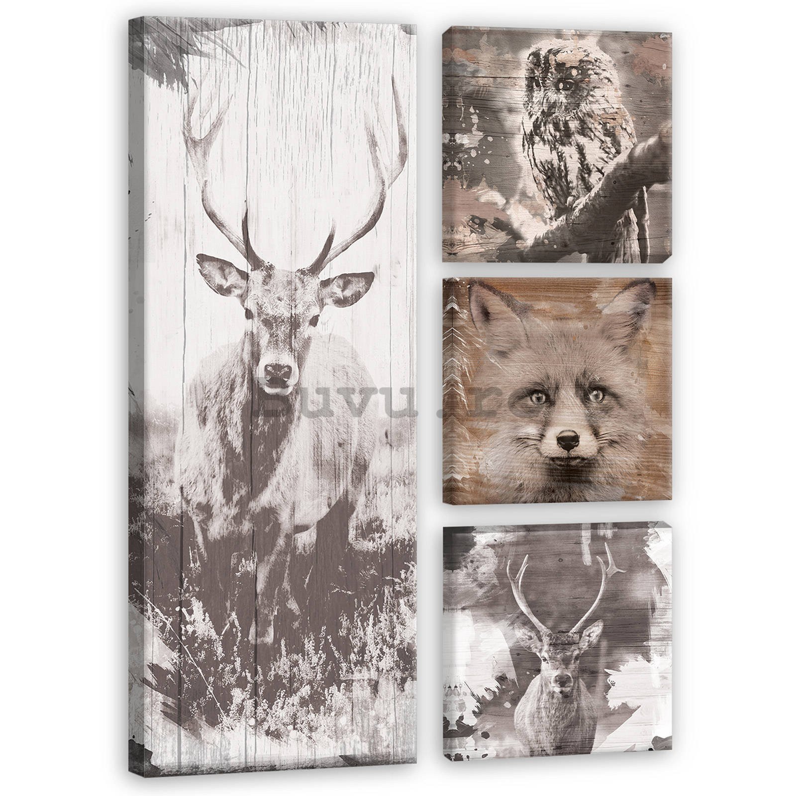 Tablou canvas: Animale din pădure - set 1 buc 80x30 cm și 3 buc 25,8x24,8 cm
