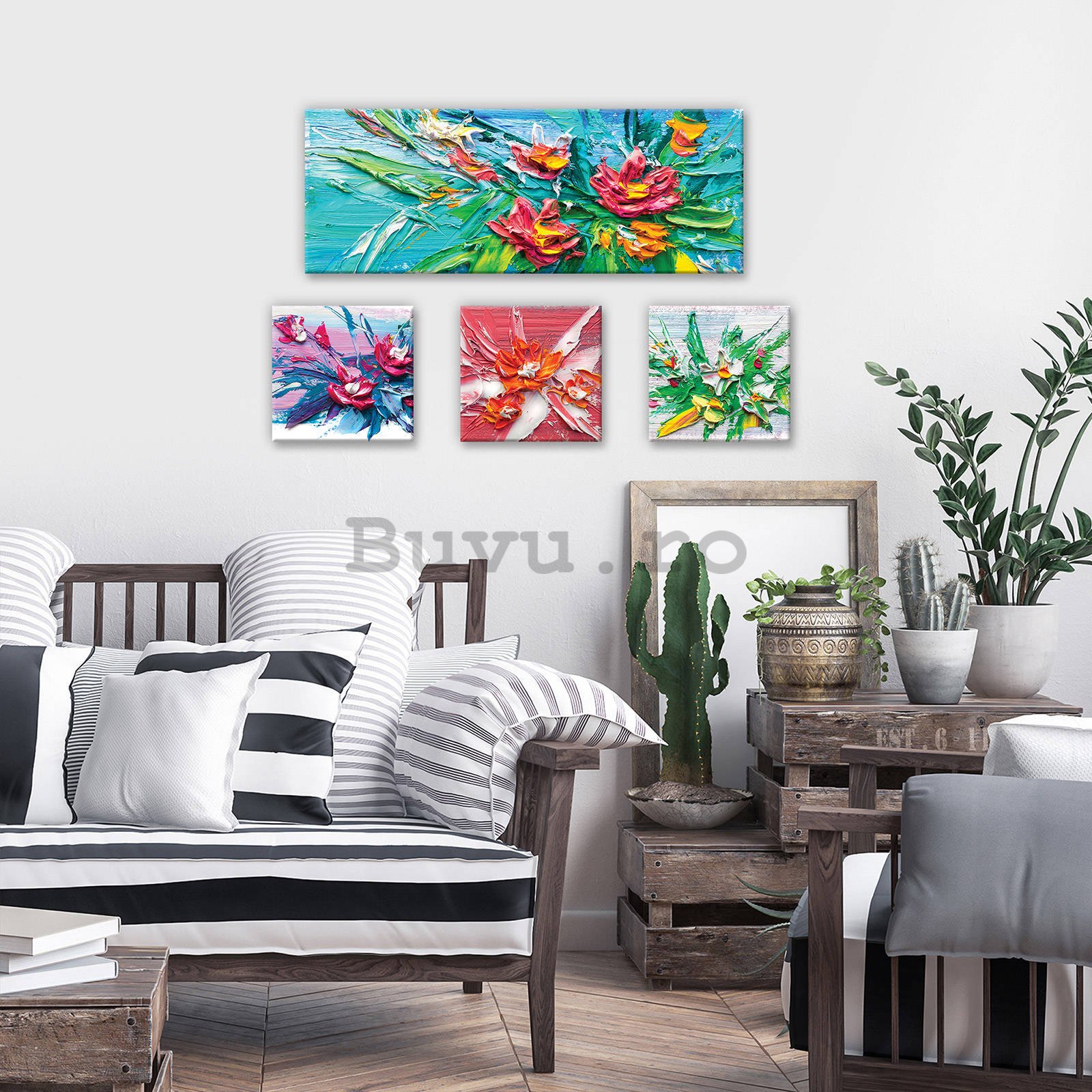 Tablou canvas: Flori pictate - set 1 buc 80x30 cm și 3 buc 25,8x24,8 cm