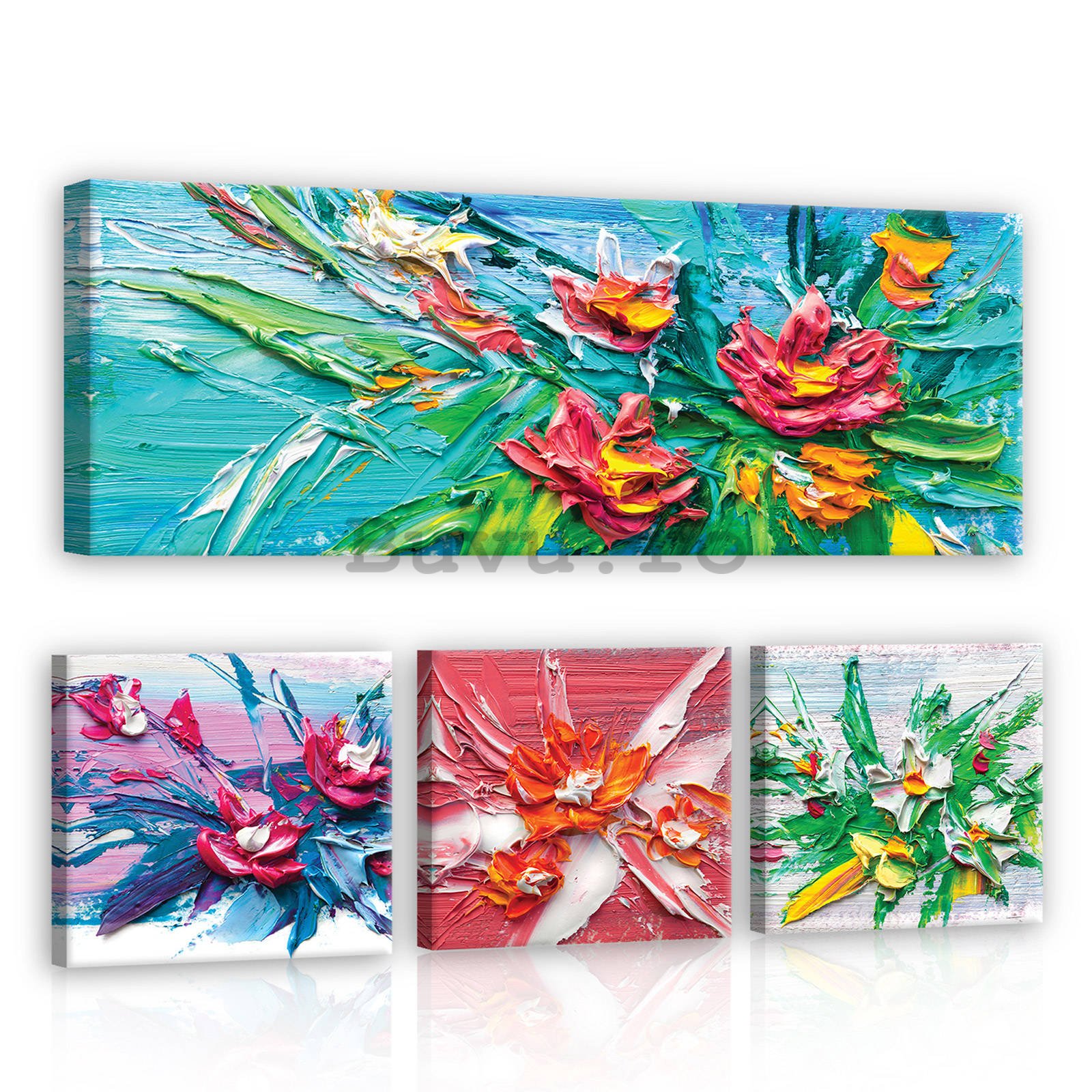 Tablou canvas: Flori pictate - set 1 buc 80x30 cm și 3 buc 25,8x24,8 cm