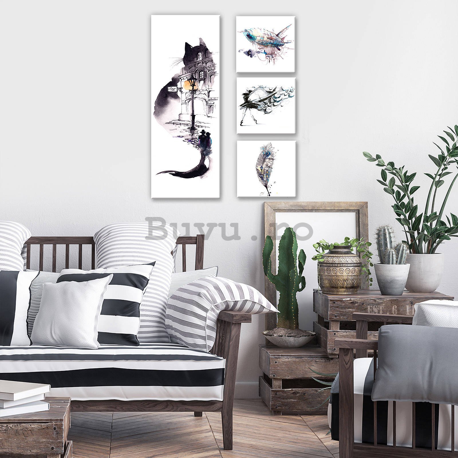 Tablou canvas: Pisica alb-negru - set 1 buc 80x30 cm și 3 buc 25,8x24,8 cm