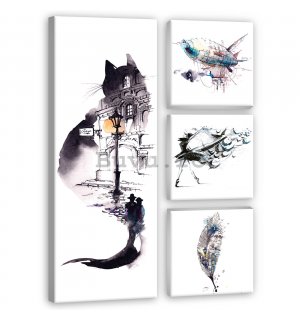Tablou canvas: Pisica alb-negru - set 1 buc 80x30 cm și 3 buc 25,8x24,8 cm