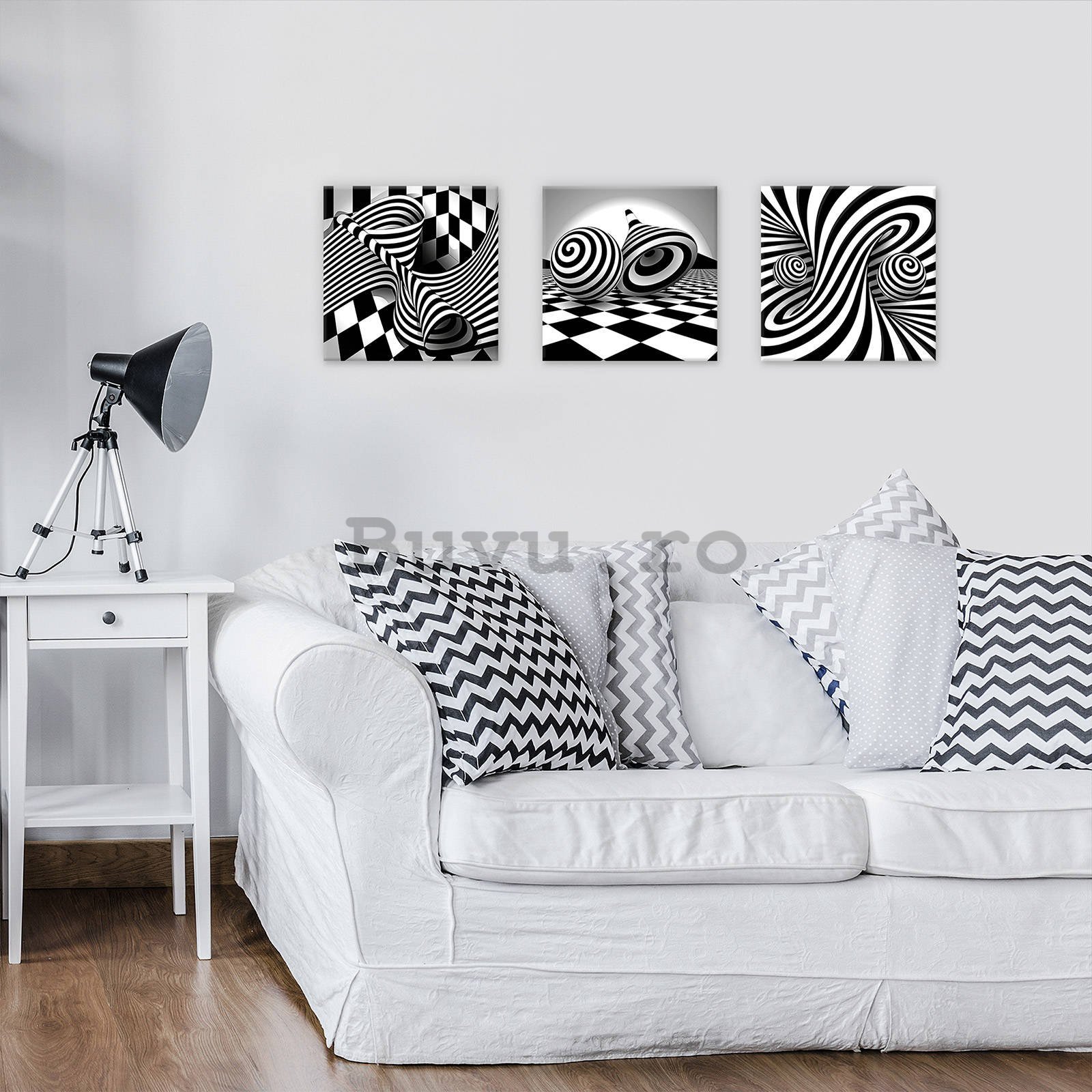 Tablou canvas: Spirale și cuburi 3D alb-negru - set 3 buc 25x25cm