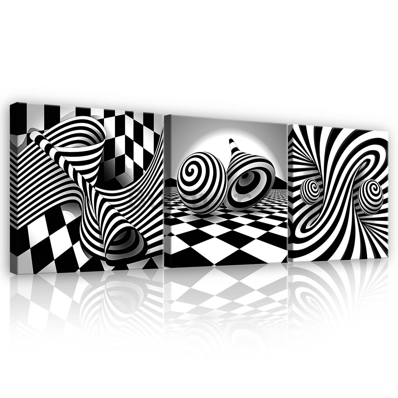 Tablou canvas: Spirale și cuburi 3D alb-negru - set 3 buc 25x25cm