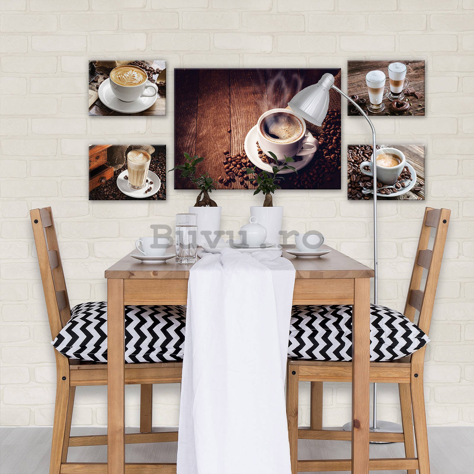 Tablou canvas: Coffee break - set 1 buc 70x50 cm și 4 buc 32,4x22,8 cm
