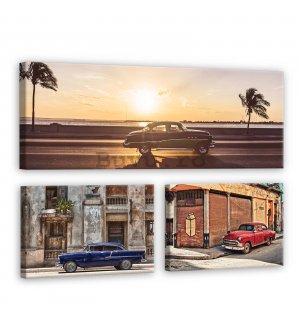 Tablou canvas: Mașina Havana lângă mare - set 1 buc 80x30 cm și 2buc 37,5x24,8 cm