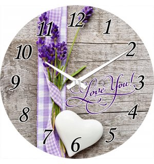 Ceas de perete din sticlă: Love You! (Lavandă și inimă) - 30 cm