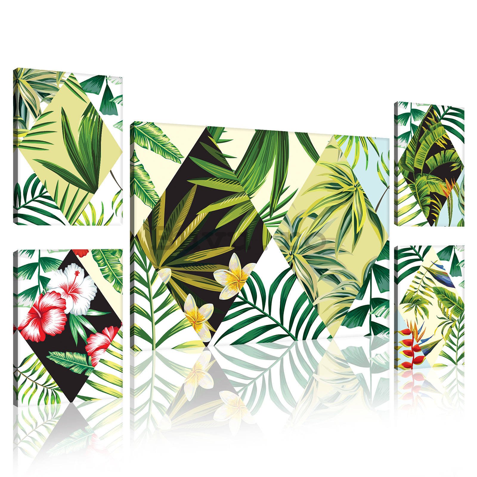 Tablou canvas: Flora tropicală pictată (3) - set 1 buc 70x50 cm și 4 buc 32,4x22,8 cm