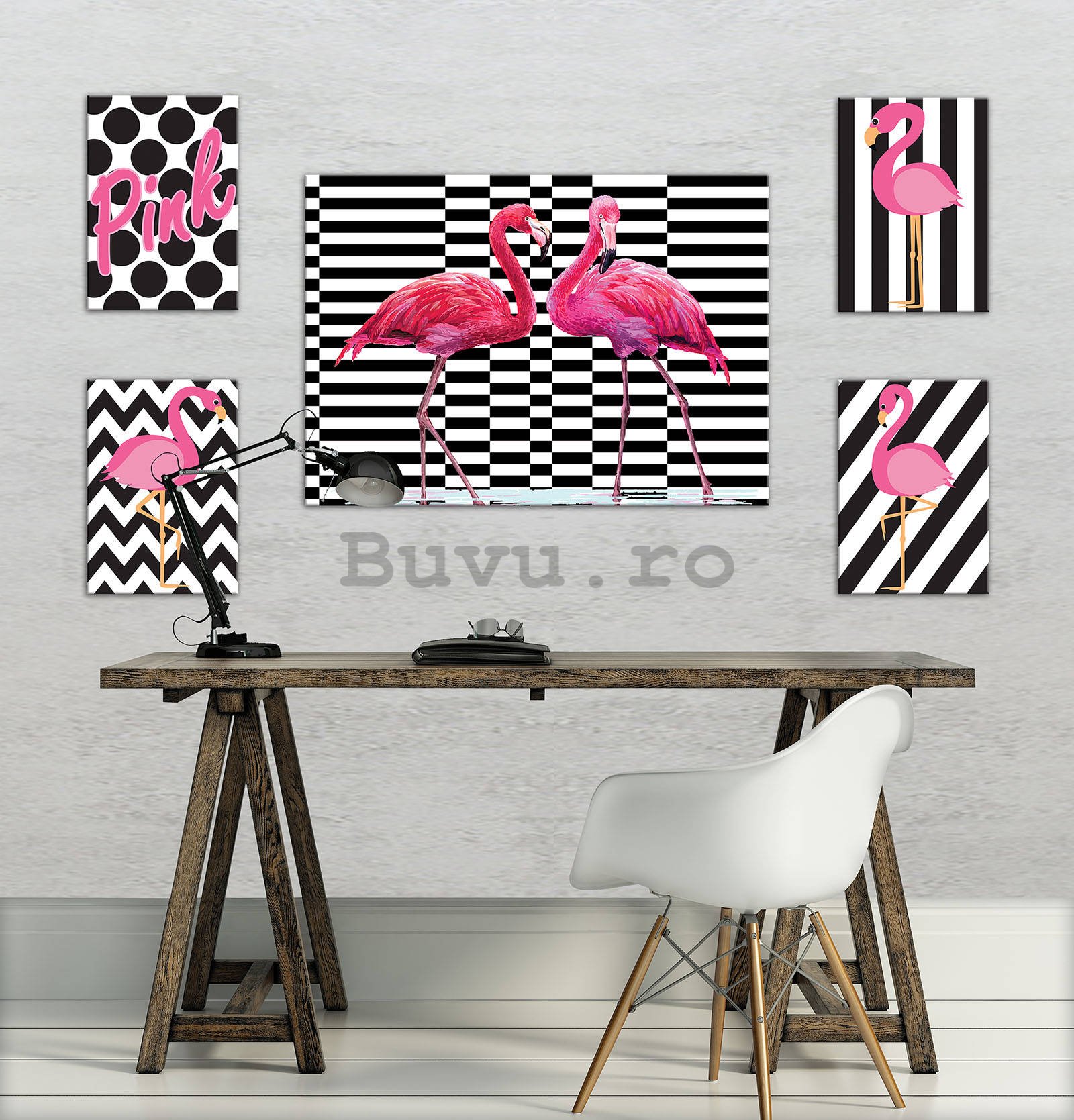 Tablou canvas: Flamingo roz - set 1 buc 70x50 cm și 4 buc 32,4x22,8 cm