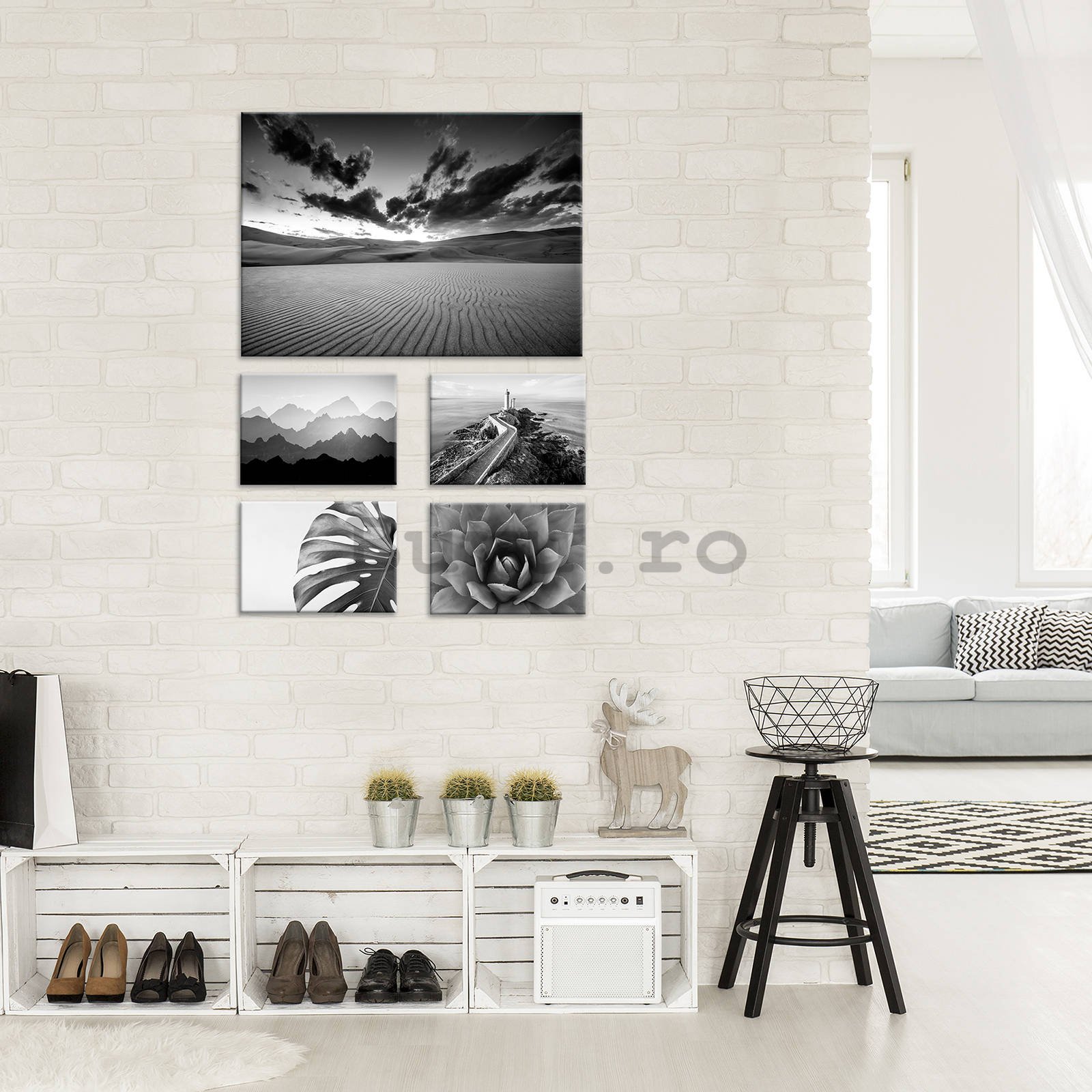 Tablou canvas: Vizualizări alb-negru (1) - set 1 buc 70x50 cm și 4 buc 32,4x22,8 cm