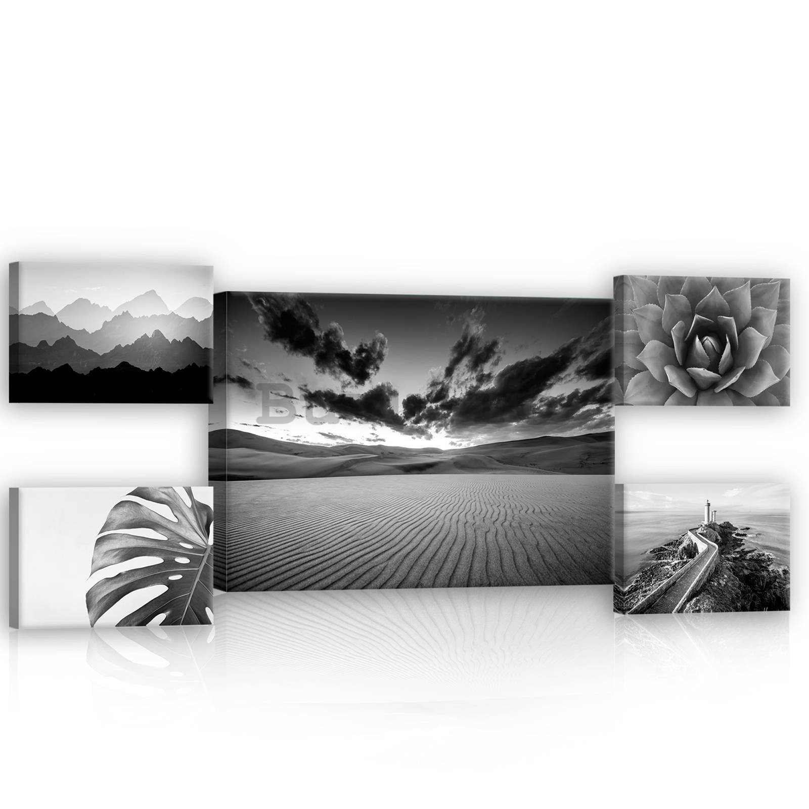 Tablou canvas: Vizualizări alb-negru (1) - set 1 buc 70x50 cm și 4 buc 32,4x22,8 cm