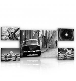 Tablou canvas: Mașini albe și negre - set 1 buc 70x50 cm și 4 buc 32,4x22,8 cm