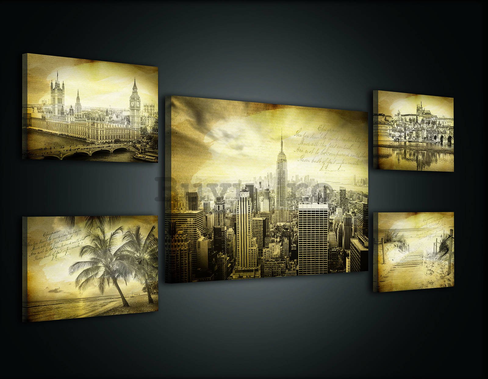 Tablou canvas: Carte poștală vintage - set 1 buc 70x50 cm și 4 buc 32,4x22,8 cm