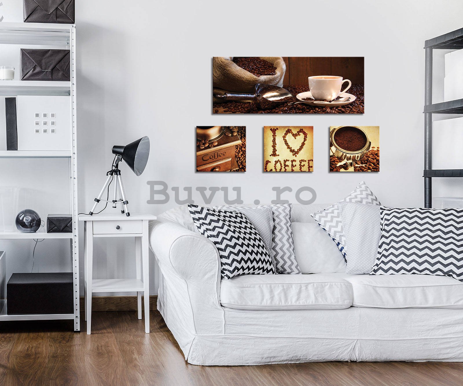 Tablou canvas: Cafea - set 1 buc 80x30 cm și 3 buc 25,8x24,8 cm