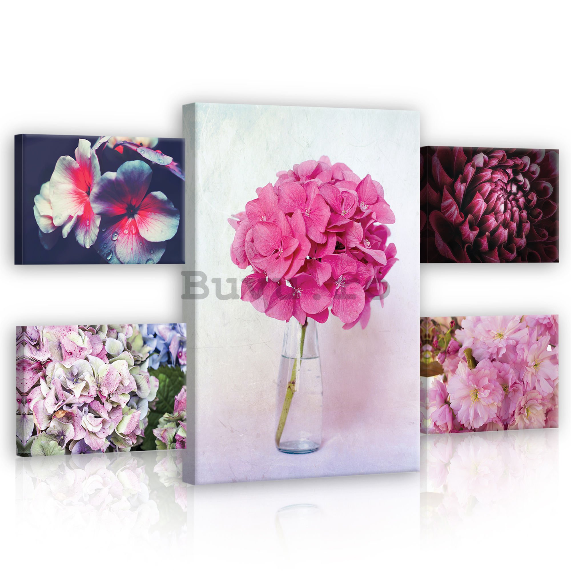 Tablou canvas: Flori roz - set 1 buc 70x50 cm și 4 buc 32,4x22,8 cm