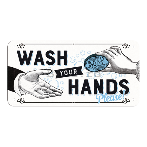 Placa metalica cu snur: Wash Your Hands - 20x10 cm