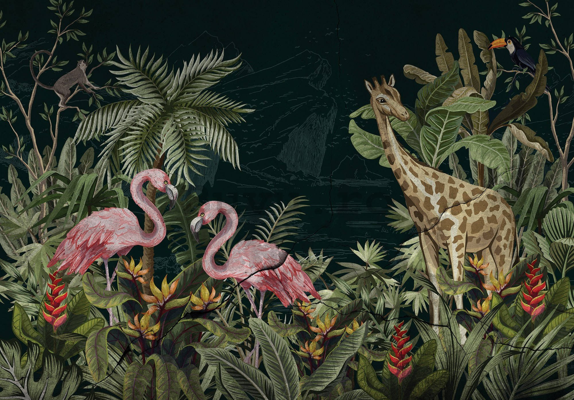 Fototapet vlies: Flamingo și girafă - 254x184 cm
