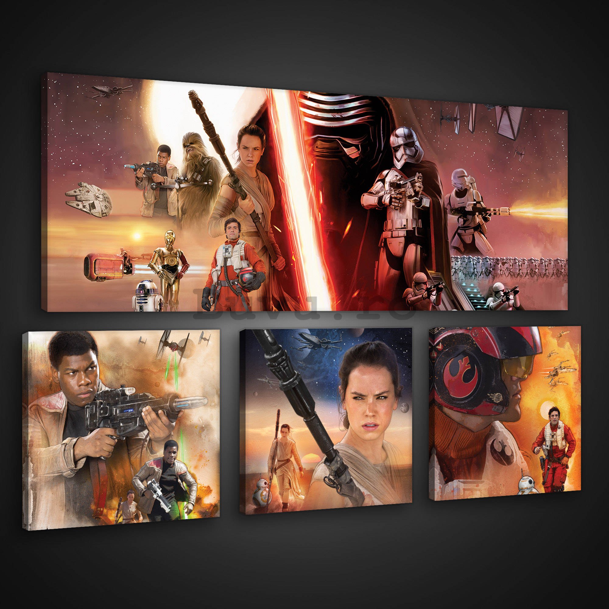Tablou canvas: Star Wars The Force Awakens - set 1 buc 80x30 cm și 3 buc 25,8x24,8 cm