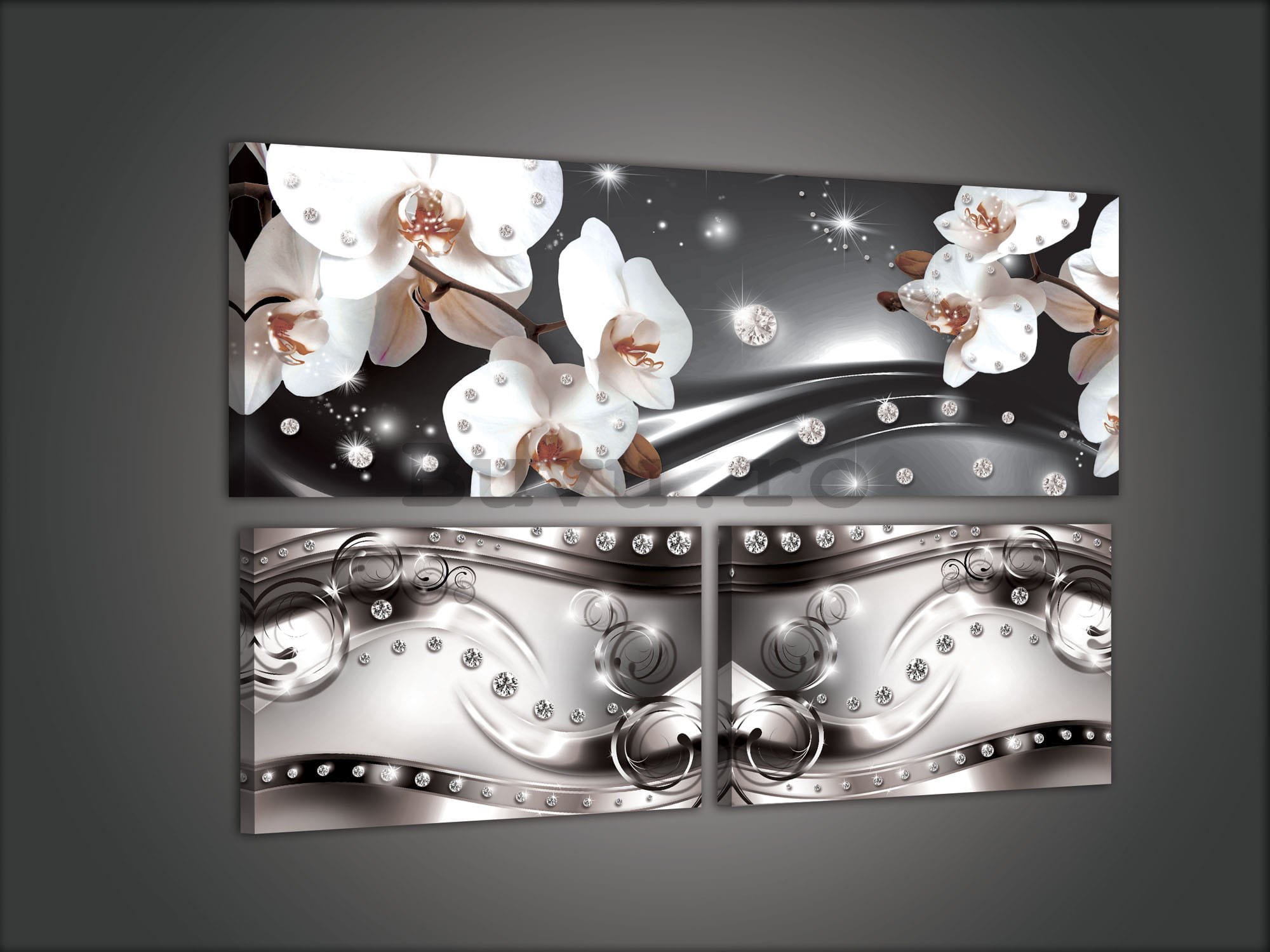 Tablou canvas: Alb abstracție florală albă - set 1 buc 80x30 cm și 2 buc 37,5x24,8 cm