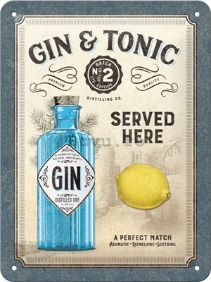 Placă metalică: Gin & Tonic Served Here - 15x20 cm