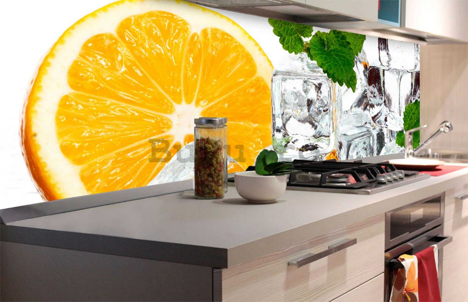 Fototapet autoadeziv lavabil pentru bucătărie - Lămâie și cuburi de gheață, 180x60 cm