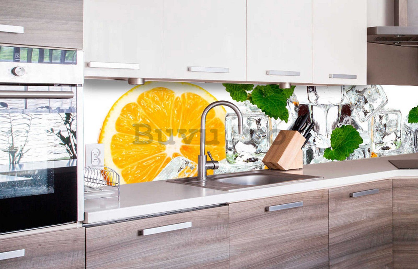 Fototapet autoadeziv lavabil pentru bucătărie - Lămâie și cuburi de gheață, 260x60 cm