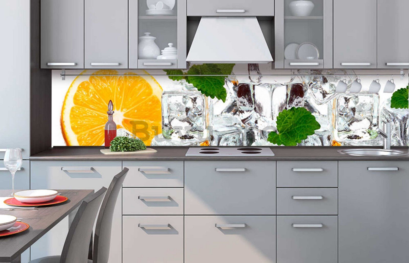 Fototapet autoadeziv lavabil pentru bucătărie - Lămâie și cuburi de gheață, 260x60 cm