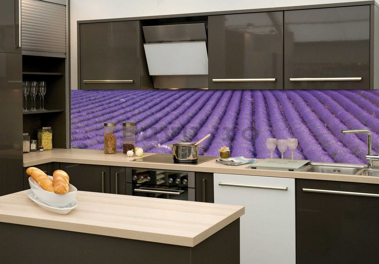 Fototapet autoadeziv lavabil pentru bucătărie - Câmp de lavandă, 260x60 cm