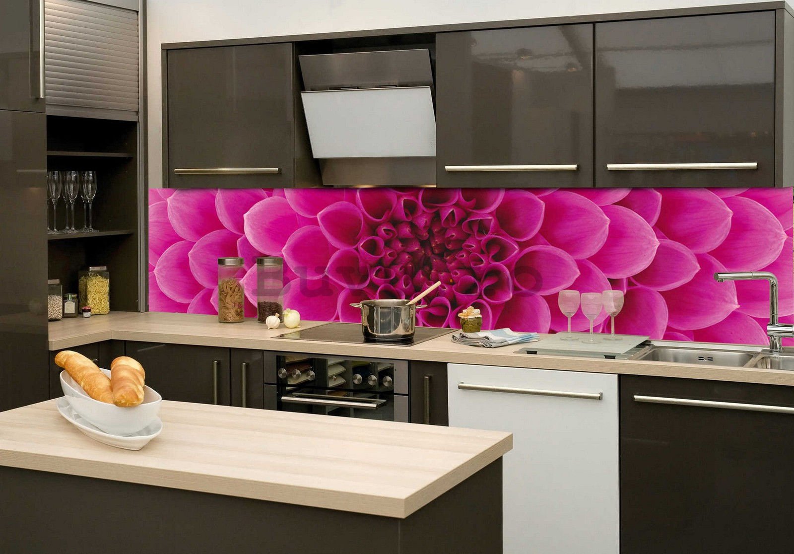 Fototapet autoadeziv lavabil pentru bucătărie - Dalia roz, 260x60 cm