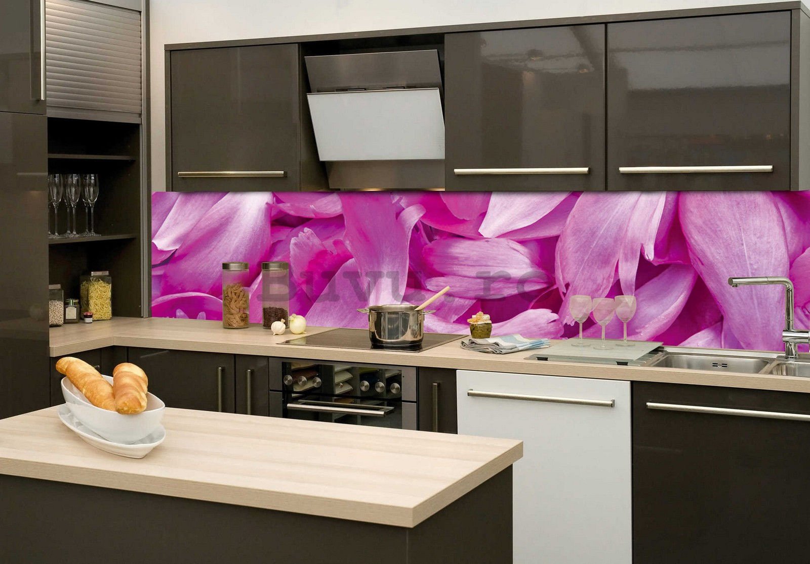 Tapet autoadeziv lavabil pentru bucătărie - Frunze violete, 260x60 cm