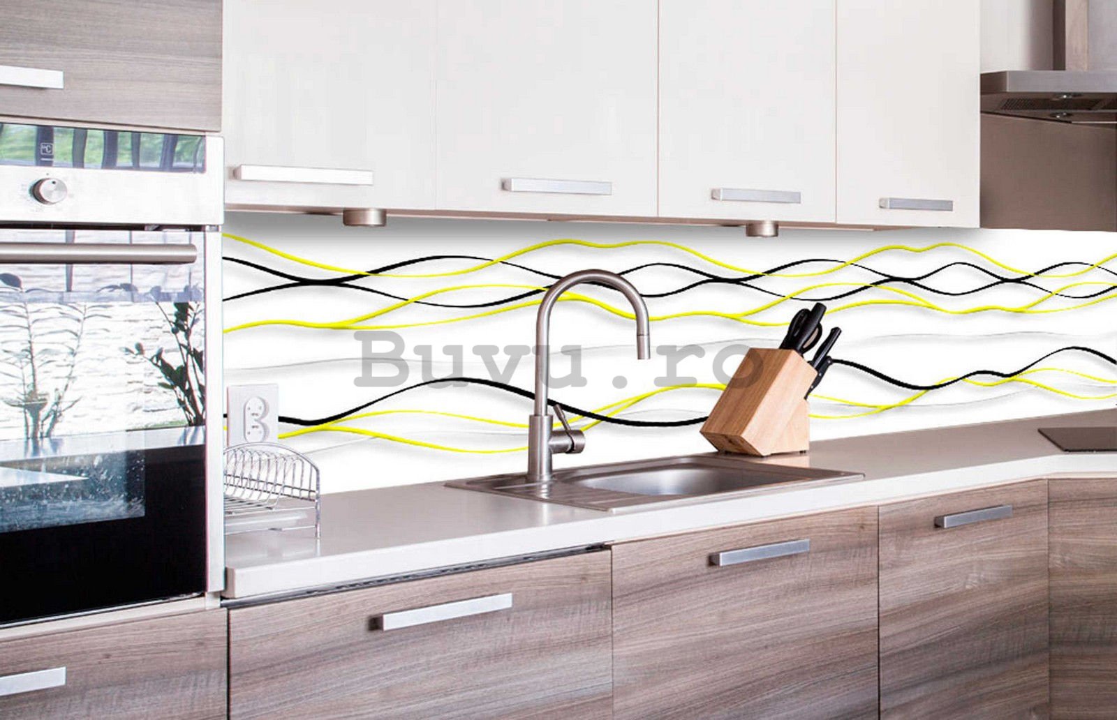 Tapet autoadeziv lavabil pentru bucătărie - Ondulări negre și galbene, 260x60 cm